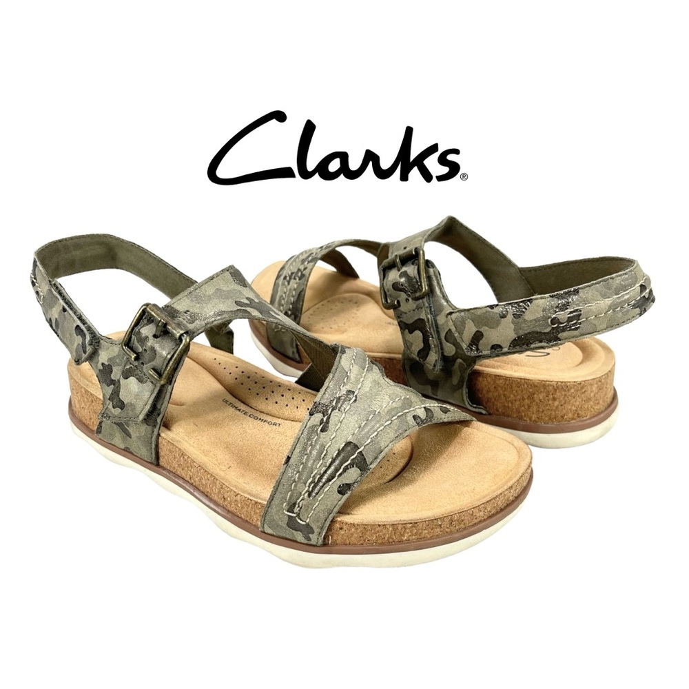 Clarks Women 7.5M Brynn Step Olive Camo Leather Ultimate Comfort Sandals Shoes